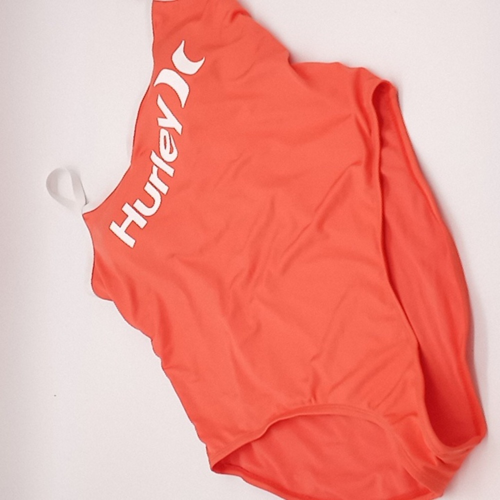 Hurley Logo Contrast Trim Strappy Back One-Piece Swimsuit Coral Orange White 3X